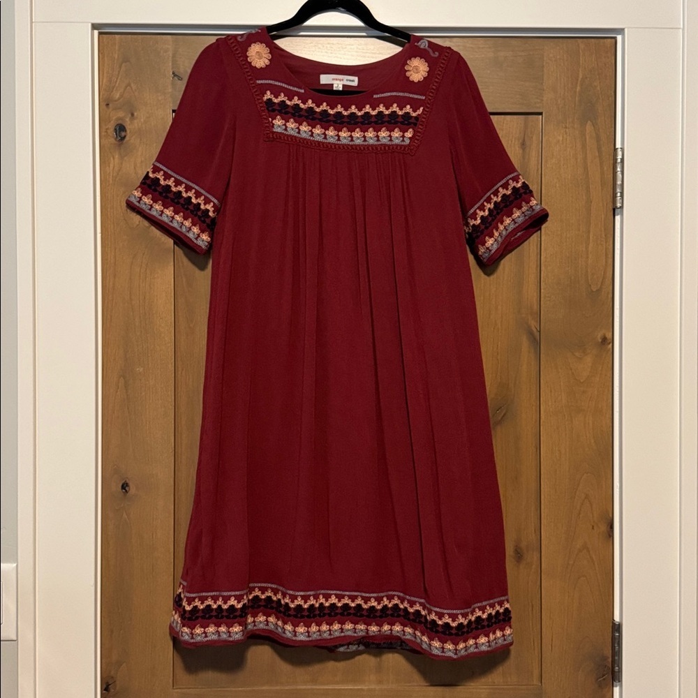 Orange Creek Rust embroidered shift dress Womens S crinkle Cotton Rayon Bohemian